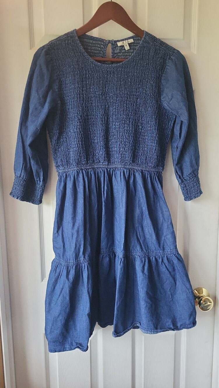 MPH Collection Women's Blue Smocked Chambray Denim Tiered Mini Dress
